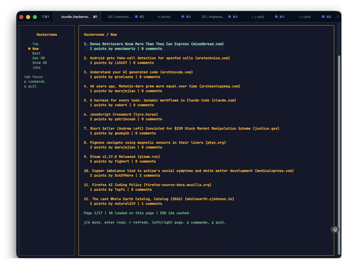 A Charming TUI app rendering a Hacker News reader in the terminal